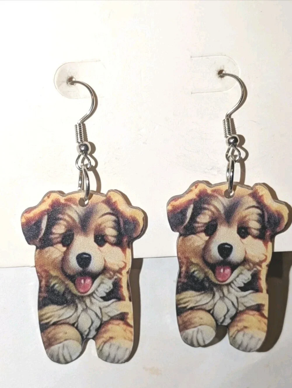 Hand Crafted Brown and Cream Puppy Dangle Earrings